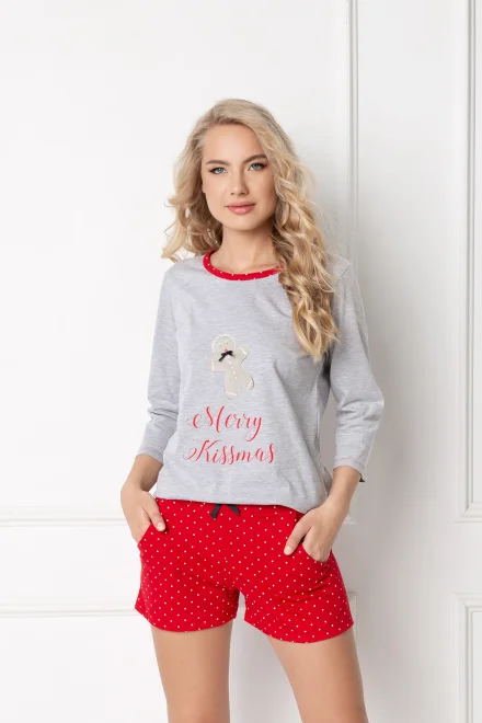 Dámské pyžamo Cookie Short Grey-Red LS - Šedo-červená