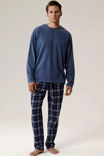 Pánské pyžamo NMP-393 - bavlněný flanel - Modrá