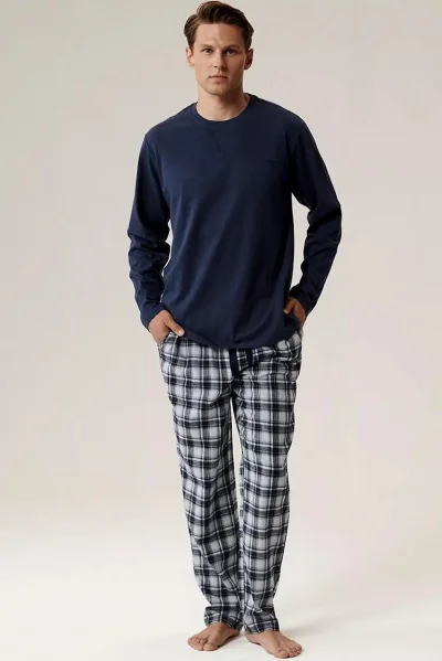 Pánské pyžamo NMP-393 - bavlněný flanel - Tmavě modrá-šedá