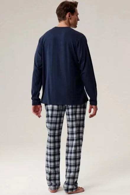Pánské pyžamo NMP-393 - bavlněný flanel - Tmavě modrá-šedá