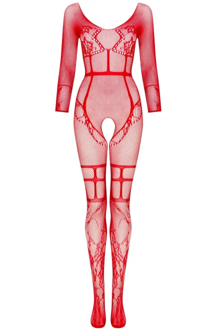 Bodystocking Lorna red- otevřený klín - Červená