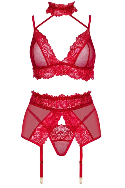 Sexy komplet Velvet Sin cherry - 3 dílný - Vínovo-červená