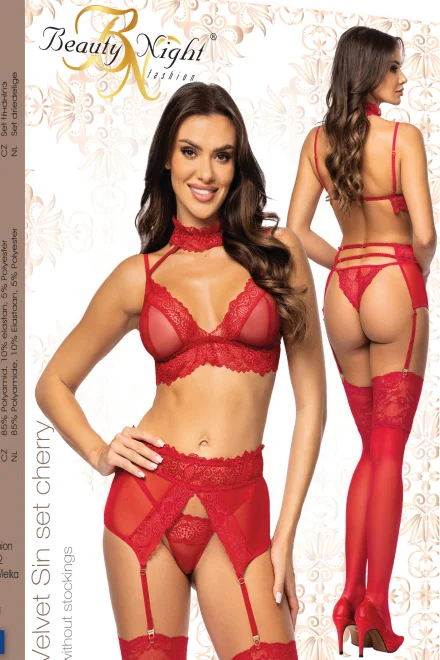 Sexy komplet Velvet Sin cherry - 3 dílný - Vínovo-červená