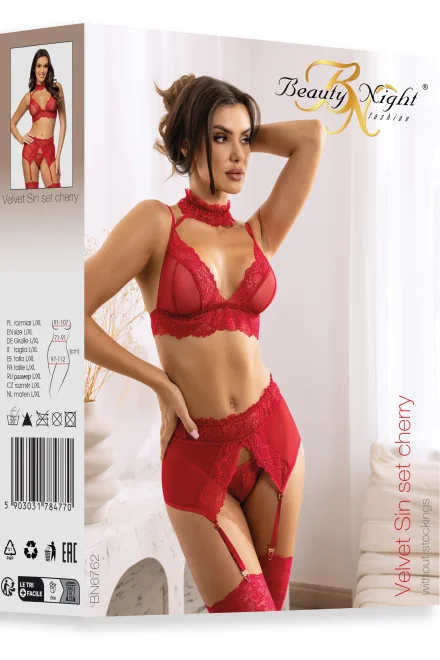 Sexy komplet Velvet Sin cherry - 3 dílný - Vínovo-červená