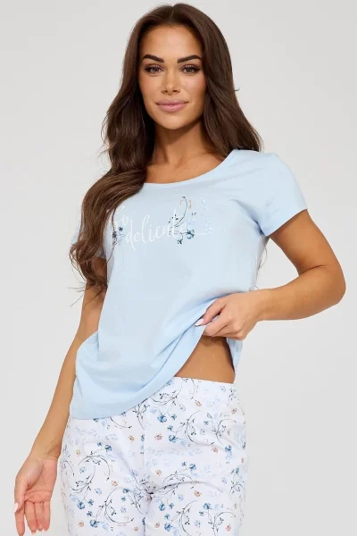 Dámské třídílné pyžamo Delicate - bavlna - Světle modrá