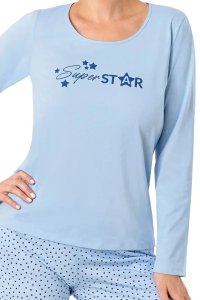 Dámské dlouhé pyžamo Star - bavlna - Světle modrá