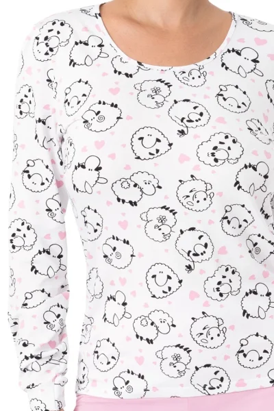 Dámské dlouhé pyžamo Sheep - bavlna - Bílo-růžová