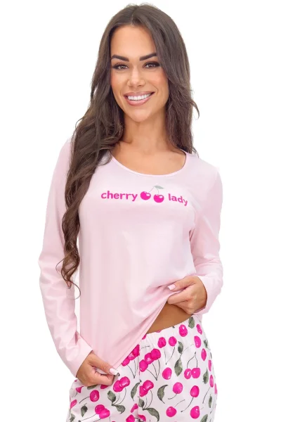 Dámské dlouhé pyžamo Cherry - bavlna - Světle růžová