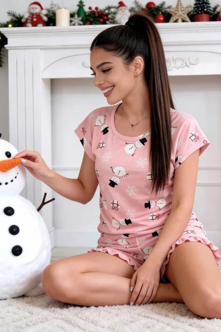 Dámské krátké pyžamo Snowman - bavlna - Růžová