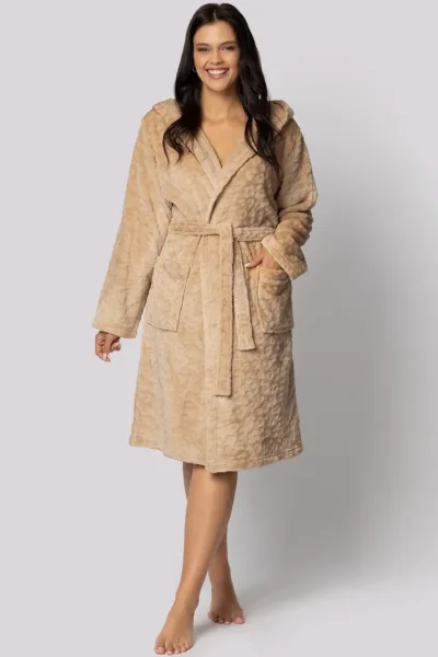 Fleecový dámský župan Leopard - až do 5XL - Béžová