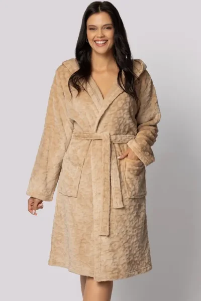 Fleecový dámský župan Leopard - až do 5XL - Béžová