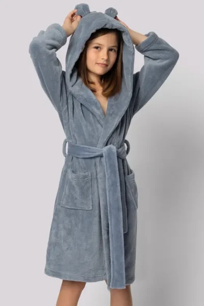 Dětský fleecový župan Bear - s ušima - Modro-šedá