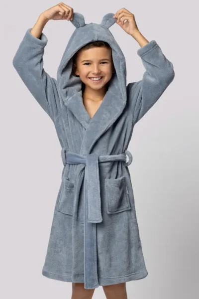 Dětský fleecový župan Bear - s ušima - Modro-šedá