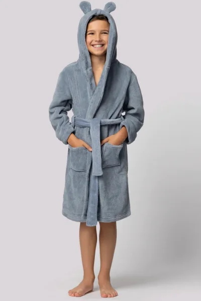 Dětský fleecový župan Bear - s ušima - Modro-šedá