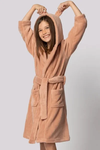 Dětský fleecový župan Bear - s ušima - Starorůžová