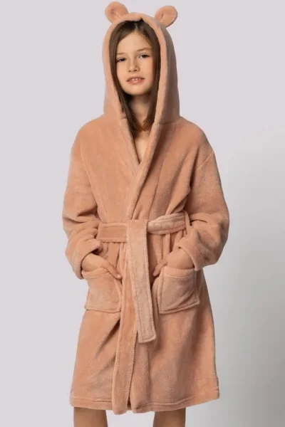 Dětský fleecový župan Bear - s ušima - Starorůžová