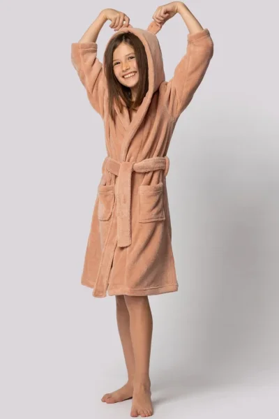 Dětský fleecový župan Bear - s ušima - Starorůžová