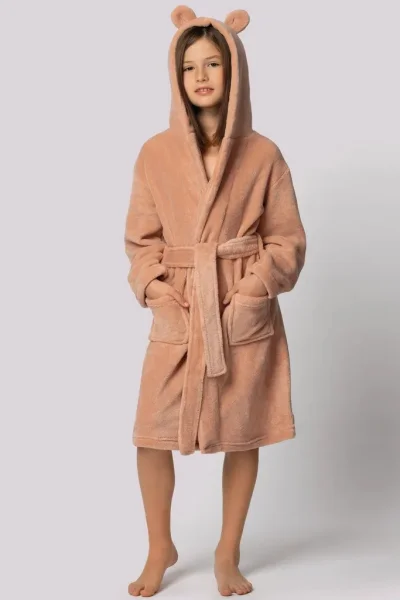 Dětský fleecový župan Bear - s ušima - Starorůžová