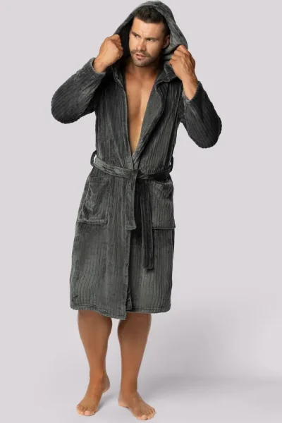 Fleecový pánský župan Felix - žebrovaná struktura - Tmavě šedá