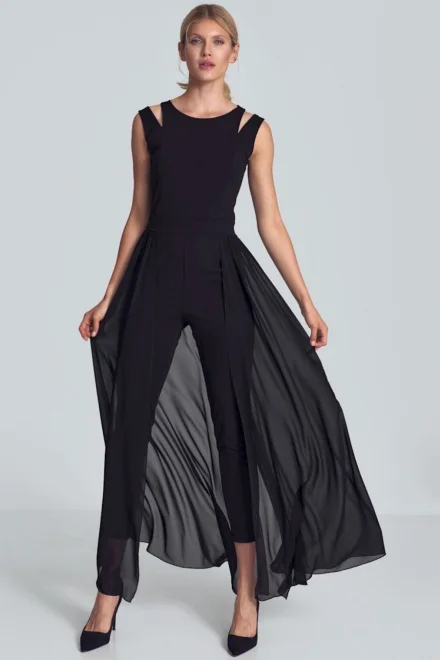 Elegantní overal M717 černý s vrchní sukní - Černá