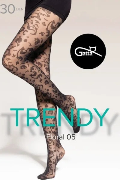 Vzorované silonky Floral 05 - 30 DEN - Černá