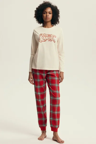 Dámské pyžamo Dalisa - flanelová bavlna - Červeno-krémová