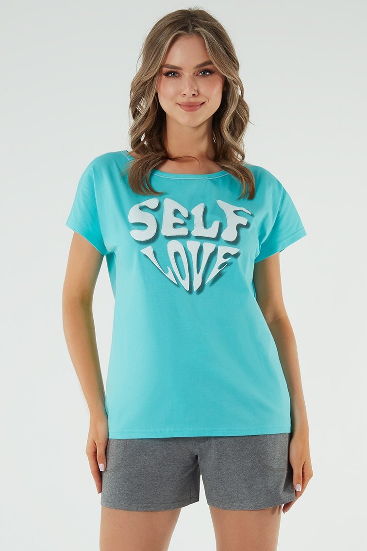 Dámske pyžamo Italian Fashion Selfie - krátké Tyrkysová-sivá 2XL