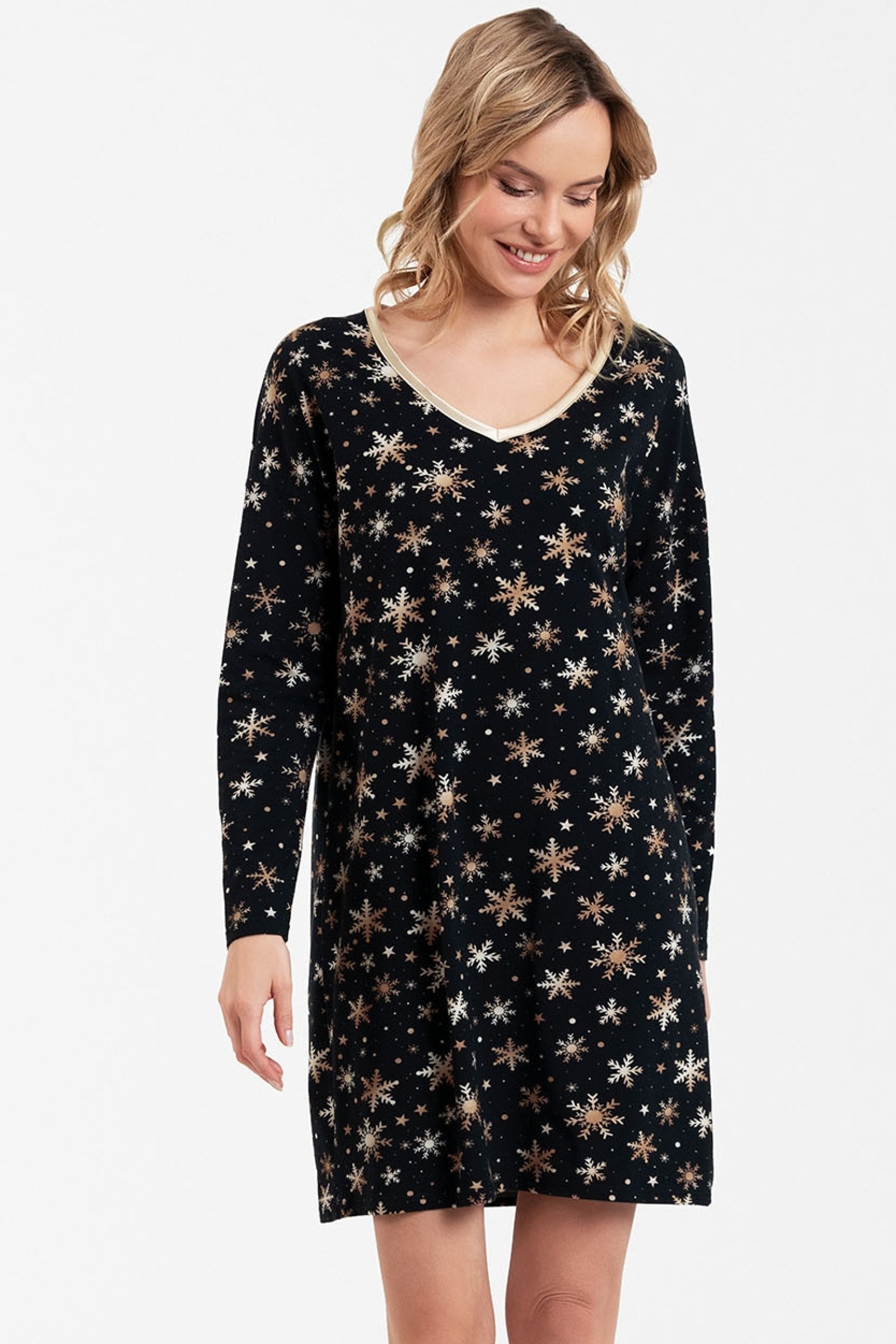 Noční košilka Italian Fashion Laponie - vánoční motiv Černo-zlatá S