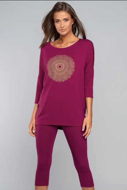 Dámské pyžamo Mandala - tříčtvrteční - Tmavě červená