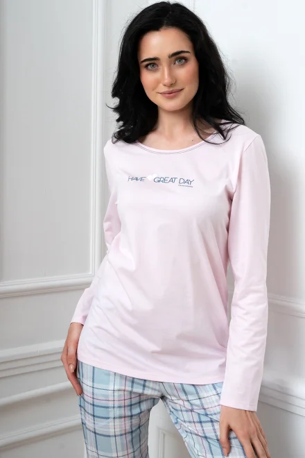 Dámské pyžamo Glamour - dlouhé bavlněné - Světle růžová-modrá