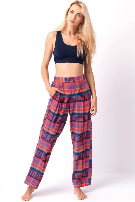 Pyžamové kalhoty LHE 483 - flanel - Růžovo-tmavěmodrá