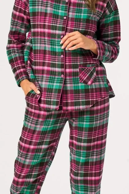 Dámské propínací pyžamo 414 B26 - bavlněný flanel - Zeleno-růžová