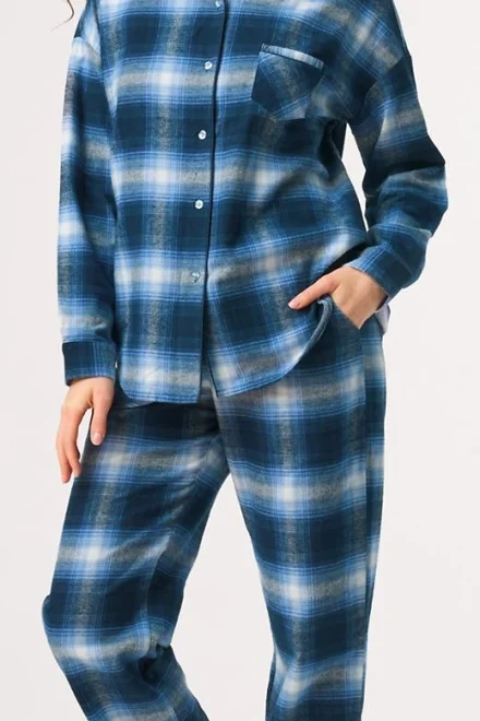 Dámské propínací pyžamo 465 B26 - bavlněný flanel - Modrá