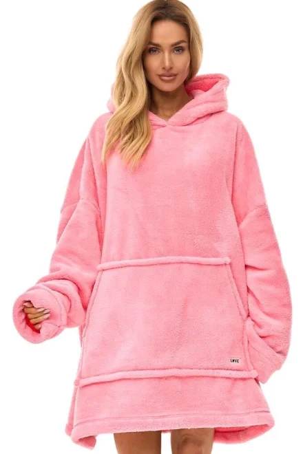 Huňatá oversize mikina 2466 Love - teplá s kapucí - Růžová