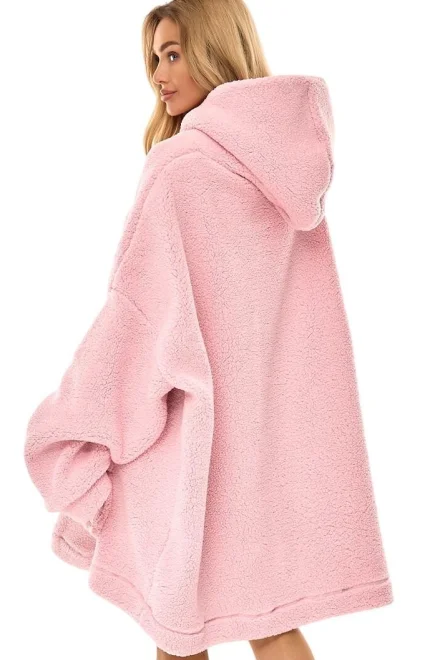 Huňatá oversize mikina 2466 Love - teplá s kapucí - Starorůžová