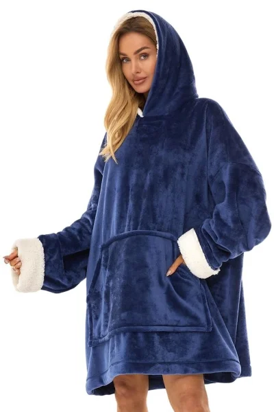 Huňatá oversize mikina 2467 - s kapucí - Modrá