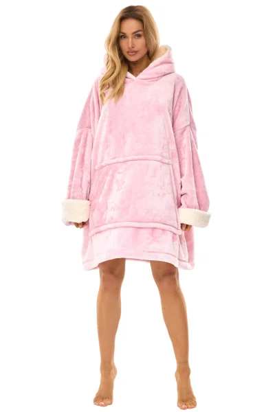 Huňatá oversize mikina 2467 - s kapucí - Světle růžová