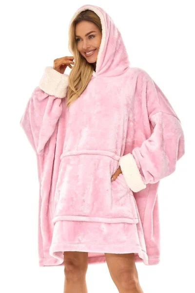 Huňatá oversize mikina 2467 - s kapucí - Světle růžová
