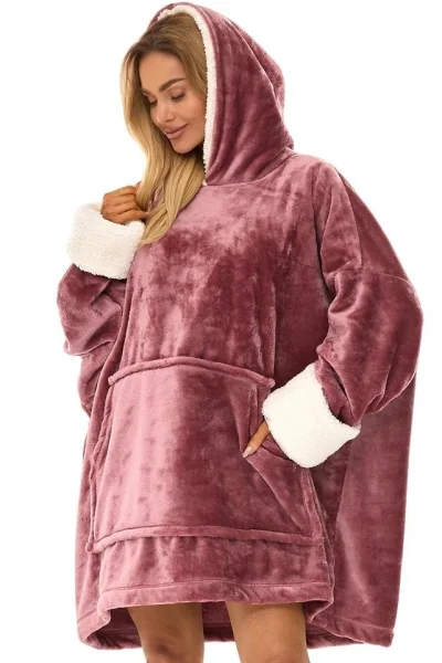 Huňatá oversize mikina 2467 - s kapucí - Starorůžová