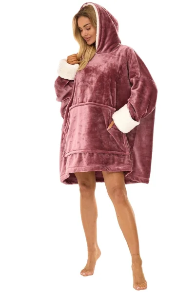 Huňatá oversize mikina 2467 - s kapucí - Starorůžová