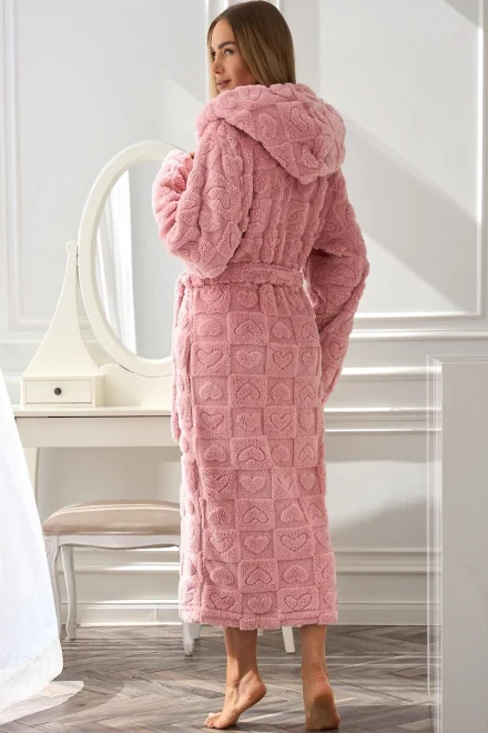 Teplý a huňatý dámský župan Valentine - s kapucí - Světle růžová