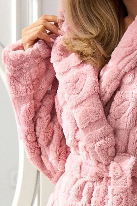 Teplý a huňatý dámský župan Valentine - s kapucí - Světle růžová