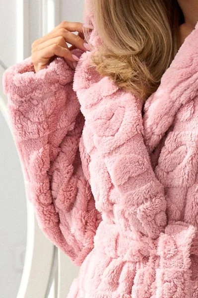 LIGPIN Teplý a huňatý dámský župan Valentine - s kapucí - Světle růžová