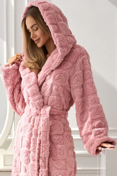 LIGPIN Teplý a huňatý dámský župan Valentine - s kapucí - Světle růžová