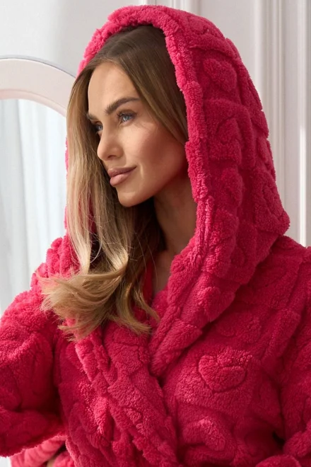 Teplý a huňatý dámský župan Valentine - s kapucí - Malinově červená