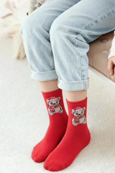 RED Dívčí ponožky 1306-009 - medvídek - Červená