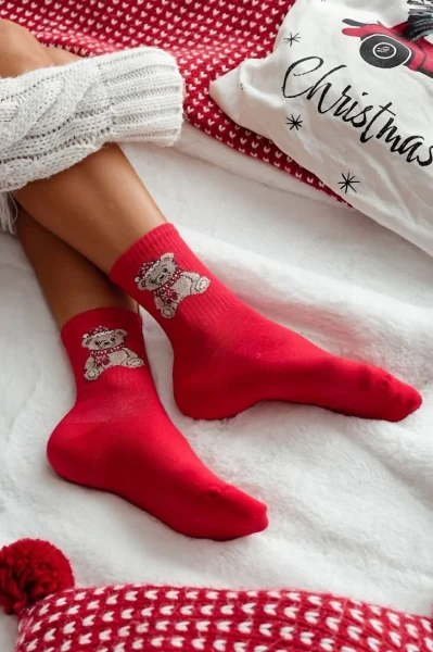 RED Dámské ponožky 1283-031 - medvídek - Červená