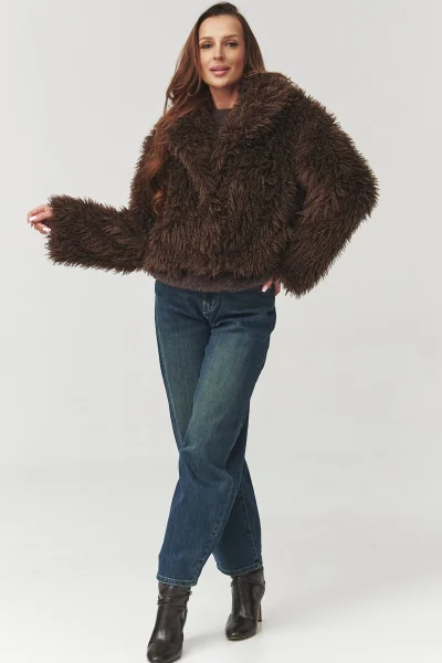 Dámský chlupatý kabátek C1 - hnědý - Hnědá