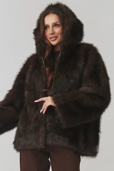 Dámský kožešinový kabátek C29 - tm. hnědá - Tmavě hnědá