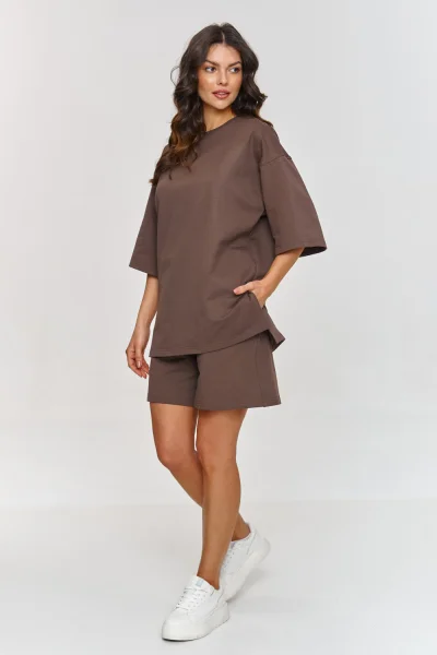 Oversize dámská souprava T-shirt a kraťasy - hnědá - Hnědá